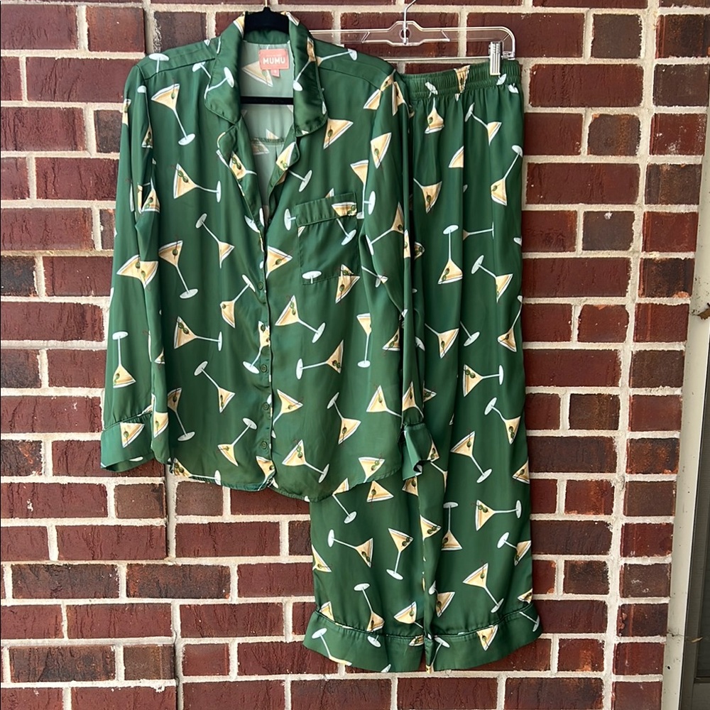 Show Me Your MuMu Green Martini Print Satin Pajama Set